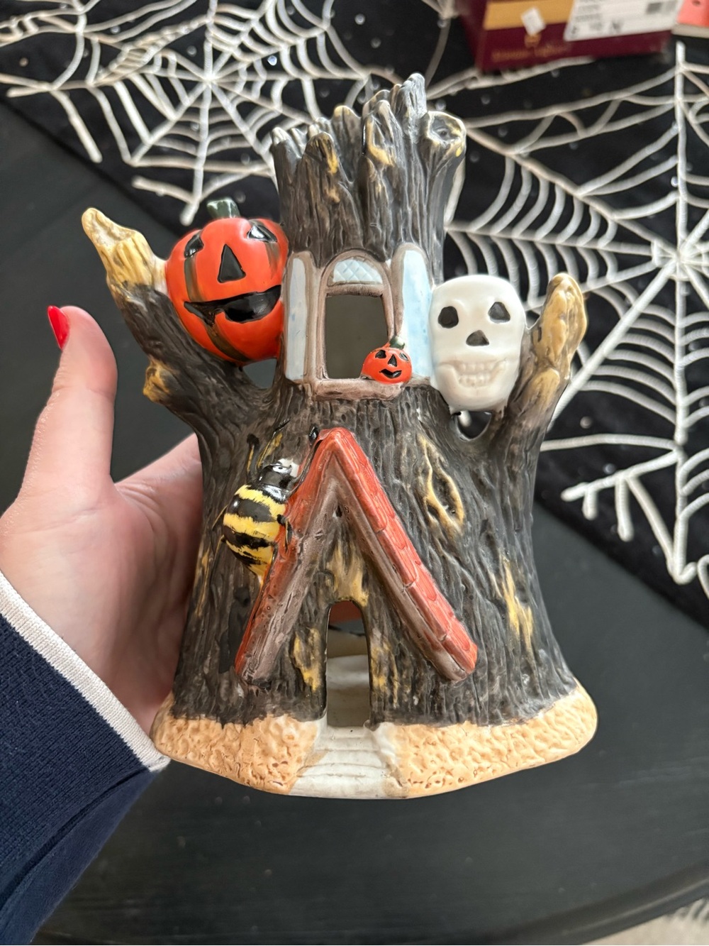 VTG 1988 Enesco Halloween Haunted Tree Tealight Candle Holder Pumpkin Skull
